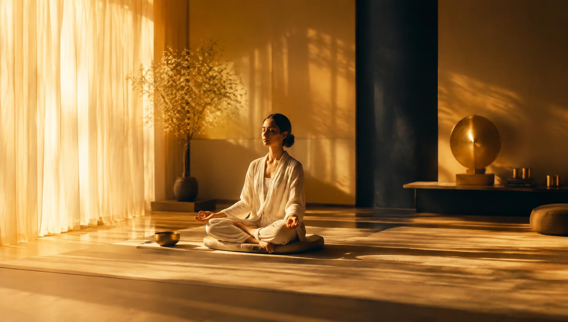 A person meditating in a warm, golden studio